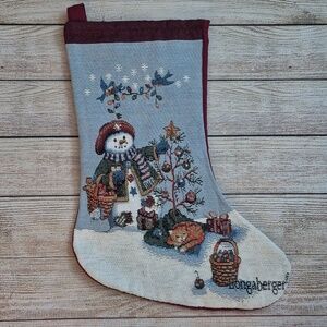 Longabeger Tapestry Christmas Stocking Lady Snowman Cat Christmas Tree Lights